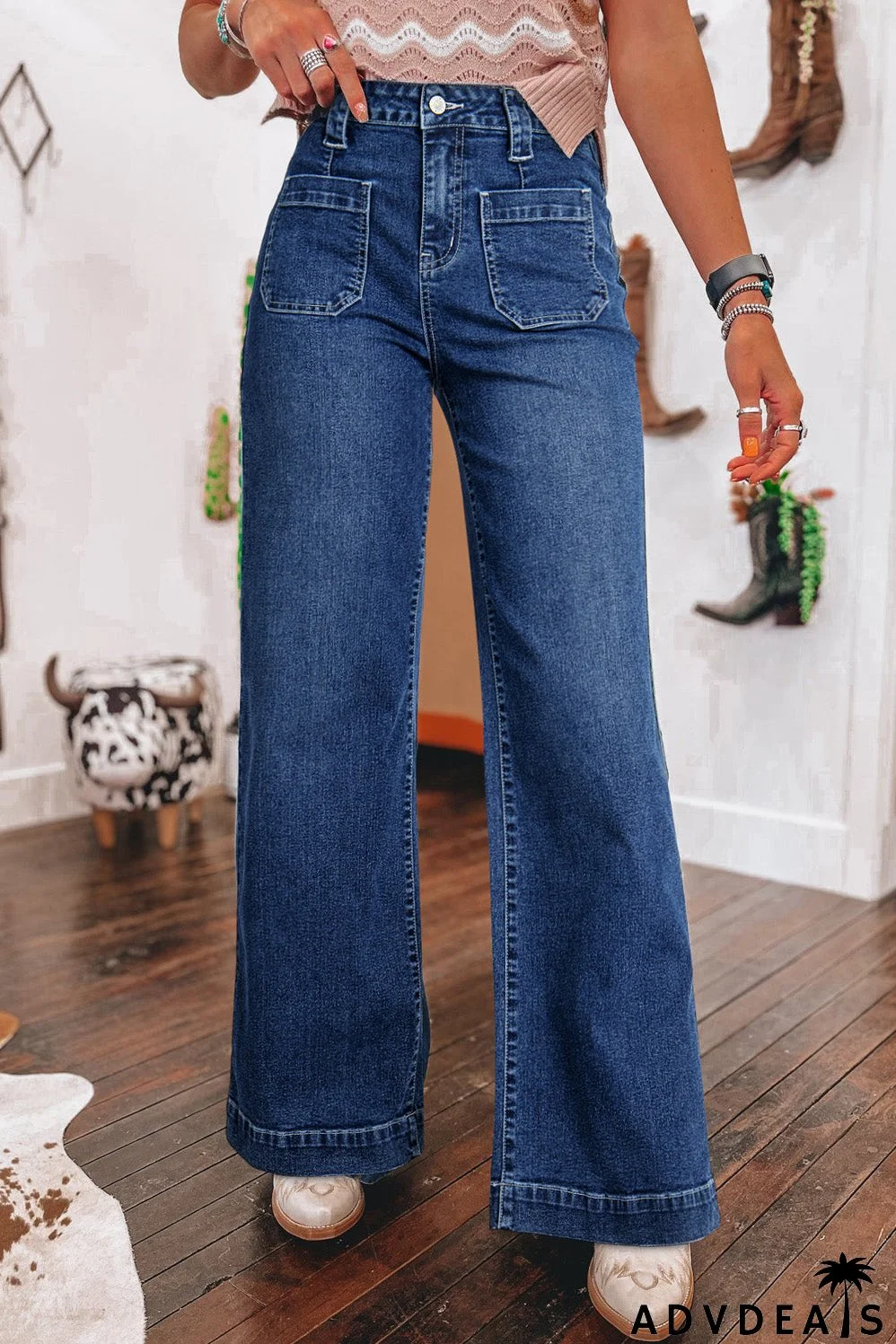 Sail Blue Wide Leg Pocketed High Waist Jeans