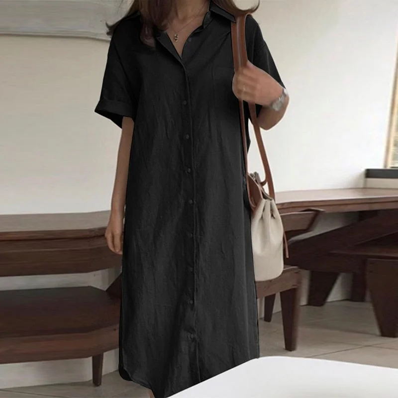 Woman Solid Sundress ZANZEA 2022 Fashion Summer Shirt Dress Short Sleeve Mid-Claf Vestidos Female Lapel Button Robe Oversized