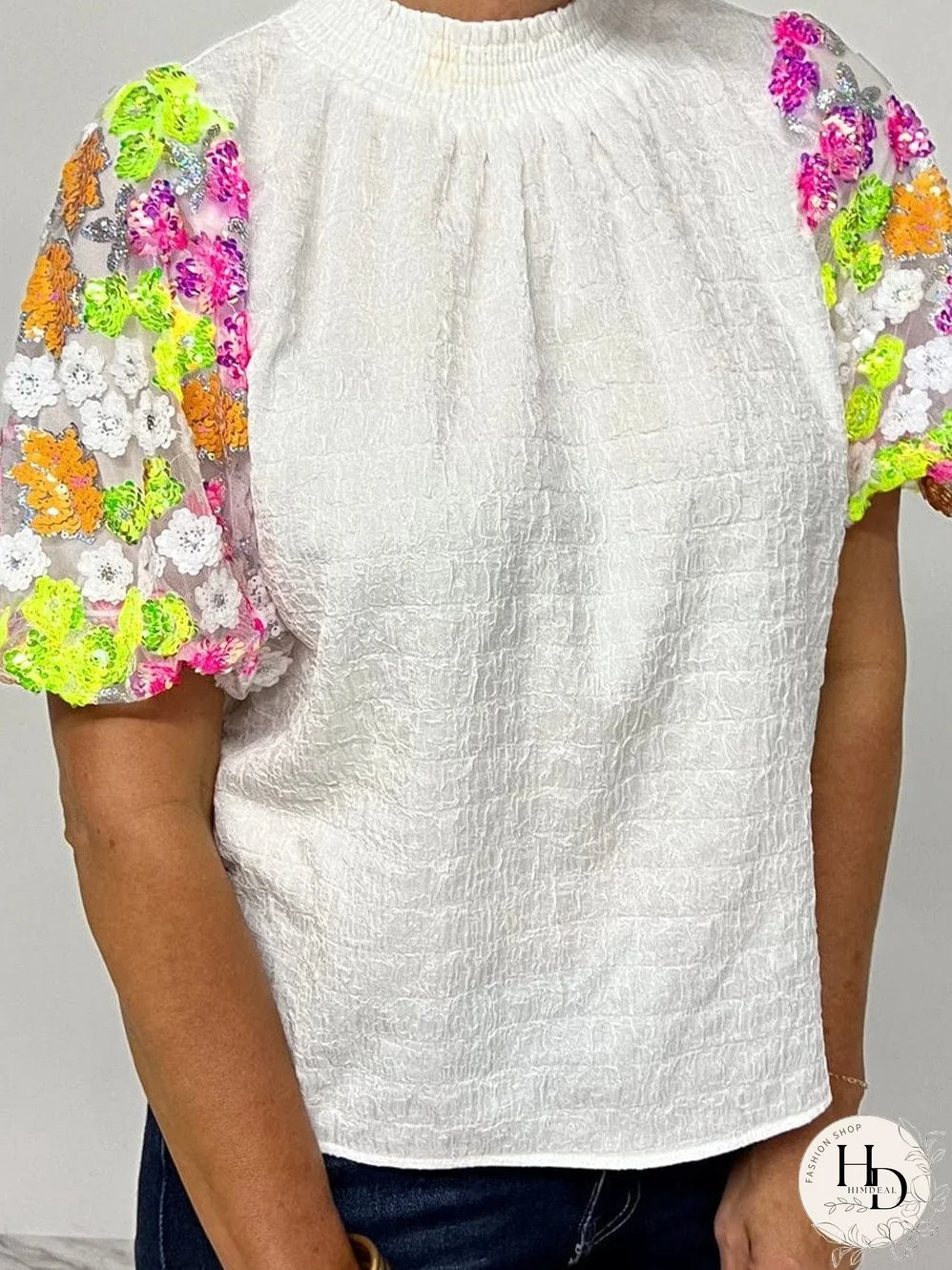 White Embroidered Puff Sleeve Top