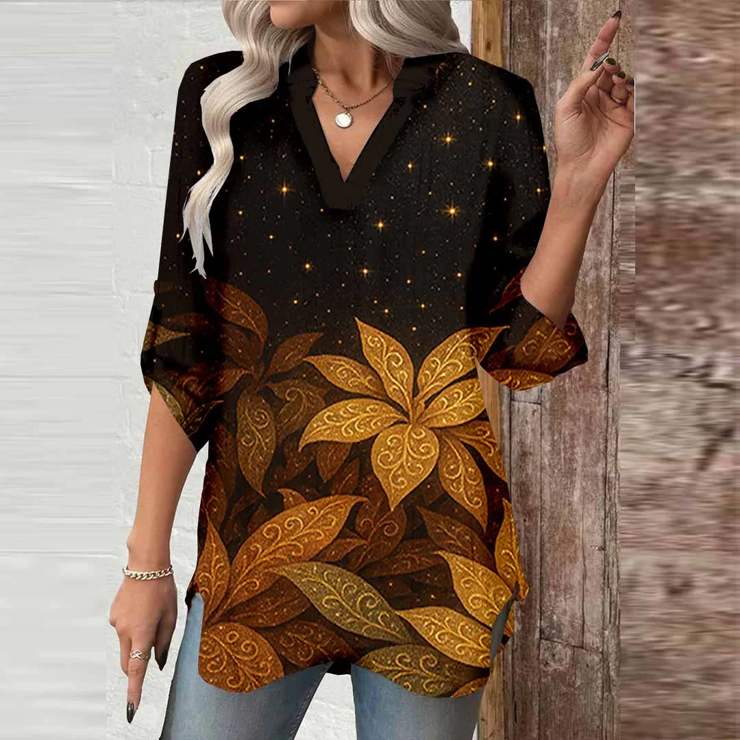 Women Glitter,Floral,Black DZGA0006 3/4 Sleeve V-neck Printed Graphic Button Tops