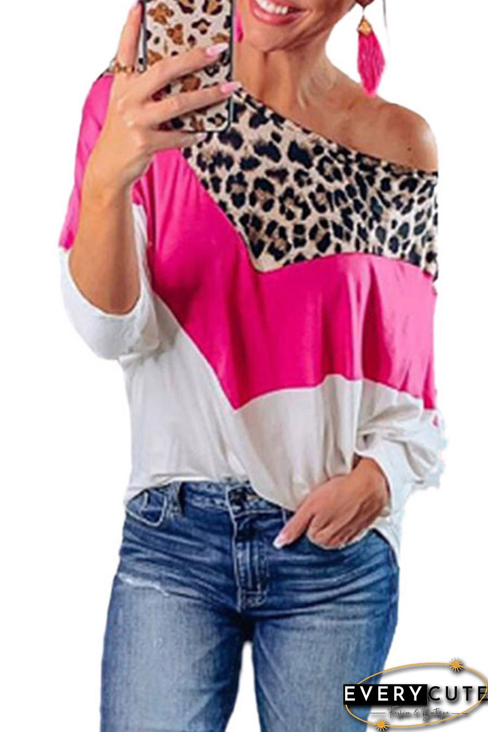 Leopard Rose White Splicing Blouse