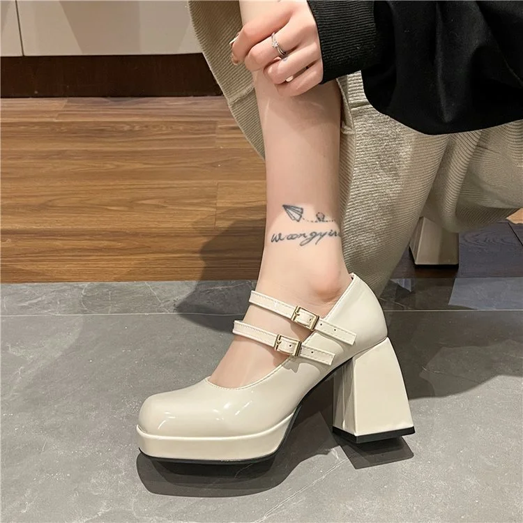 Yyvonne Coarse Square Head Small Leather Shoes Women 44 Large Spring And Autumn New Mary Jane French High Heel Single Shoes