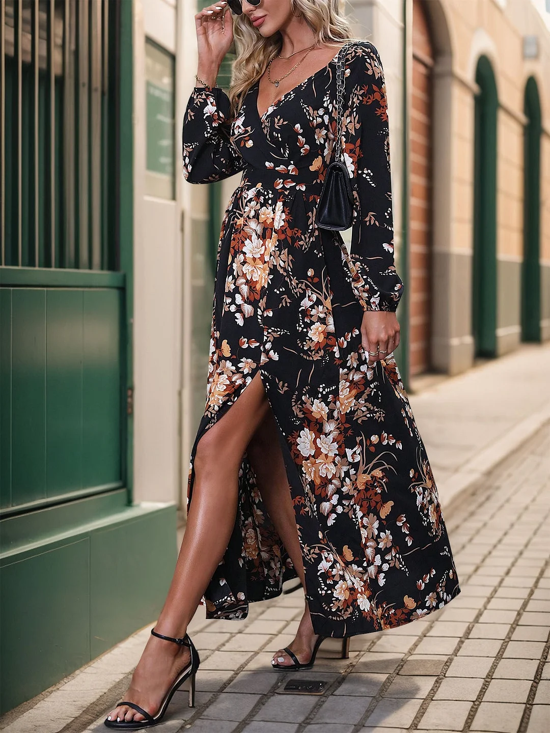 Women's Long Sleeve V-neck Floral Printed Slit Midi Dress