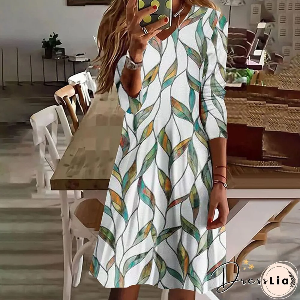 Vintage Print V-Neck Women Long Sleeve Dress Harajuku New Pullover Casual Street Dresses Women Autumn Loose Mini Dress Vestidos