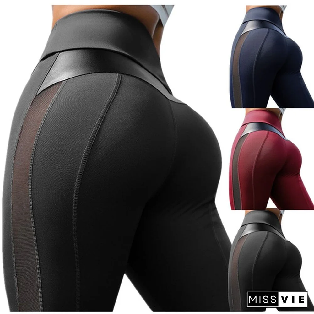 Fashion Women's Stretchy Mesh & Leather Patchwork High Waist Tummy Control Sport Yoga Running Pants GYM Fitness Leggings