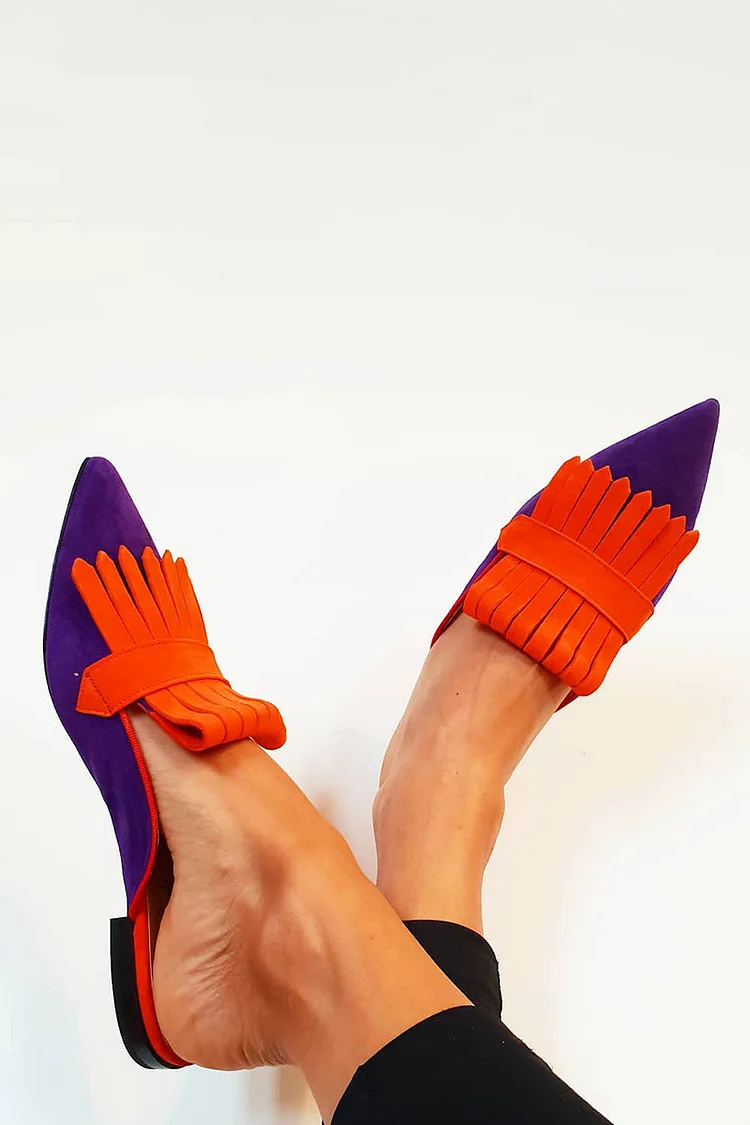 Faux Leather Colorblock Tassels Slip On Pointy Toe Mules