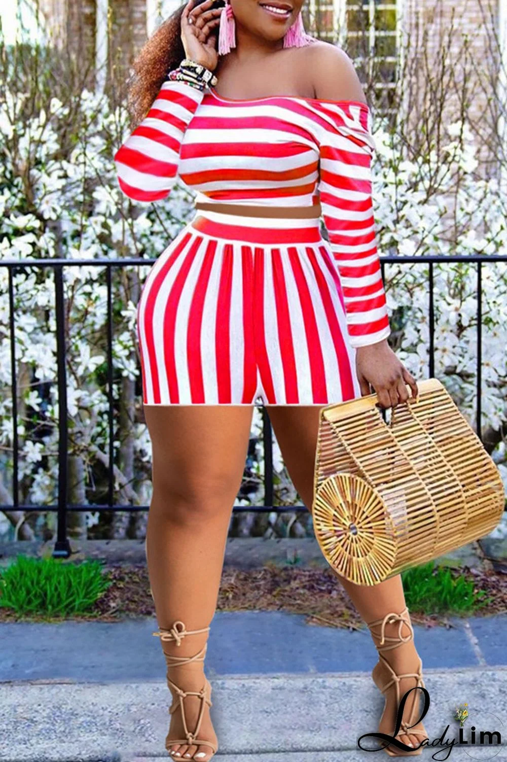 Blue Casual Striped Print Patchwork Asymmetrical Collar Plus Size Two Pieces