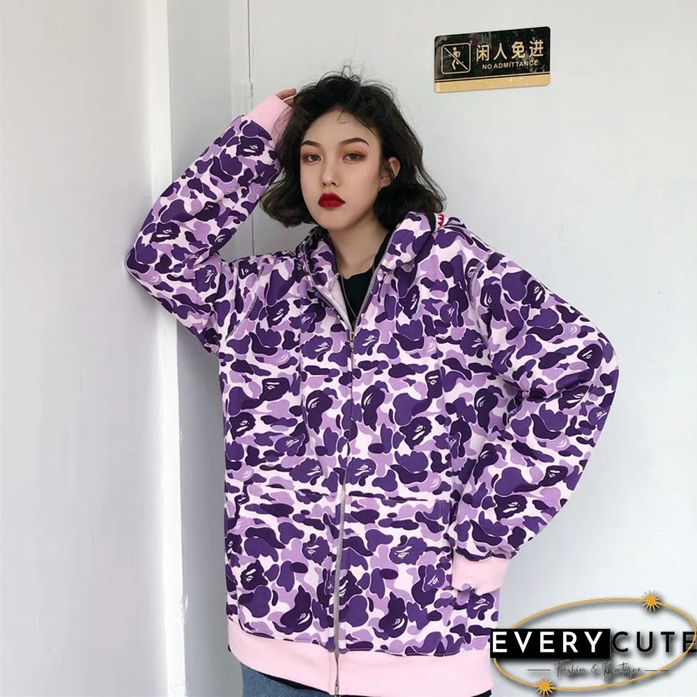 Autumn & Winter New Fashion Brand Camouflage Shark Head Couple Loose Hooded Coat Sweater