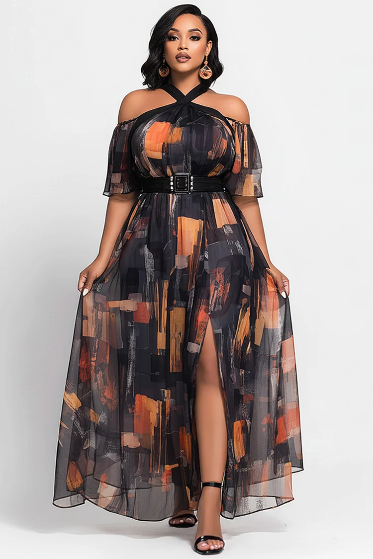 Xpluswear Design Plus Size Vacation Black Graphic Halter Collar Cold Shoulder Short Sleeve Split Cut Out Maxi Dresses [Pre-Order] 2024 - Xpluswear