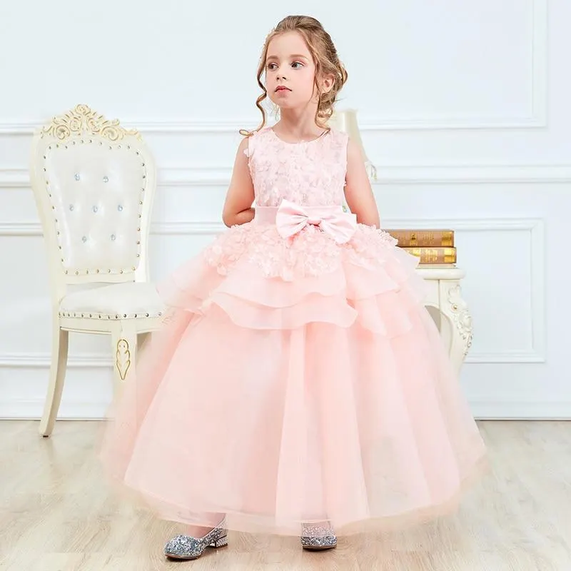 kids Lace Long Prom Wedding Bridesmaid Girls Dress Tulle Elegant Children Ceremony Princess Party Gowns Thanksgiving Event Dress