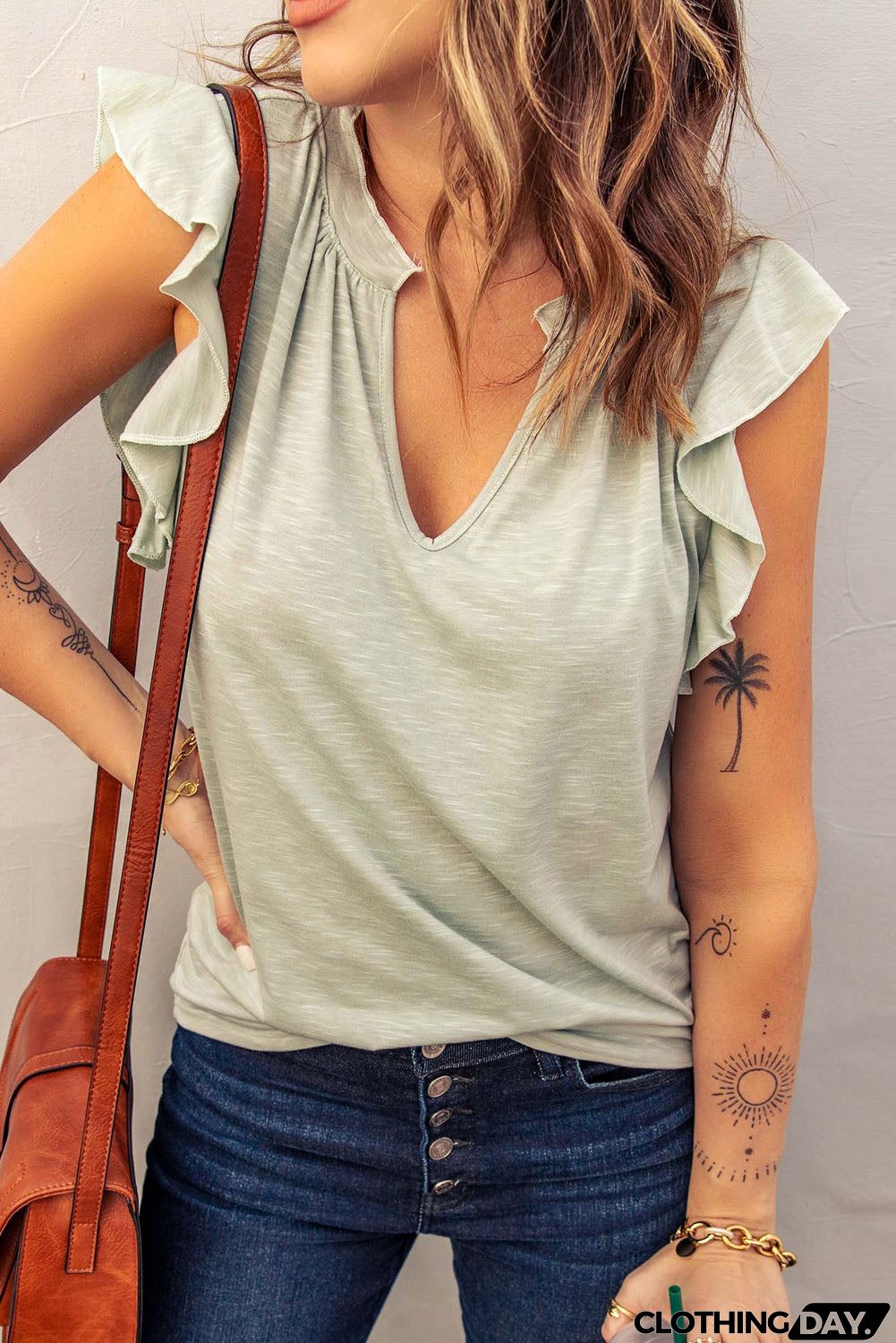 Green V Neck Butterfly Sleeve Top