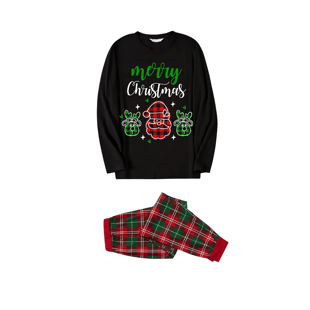 Santa Moose Cute Cartoon Pattern "Merry Christmas" Letter Prints Black Long Sleeves Top with Red and Green Plaid Pants Family Matching Pajamas