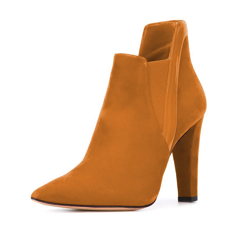 Women's Yellow Vegan Suede Commuting Pointed Toe Chunky Heel Boots |FSJ Shoes