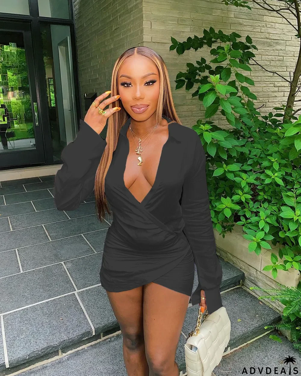 Sexy V Neck Long Sleeve Mini Dress