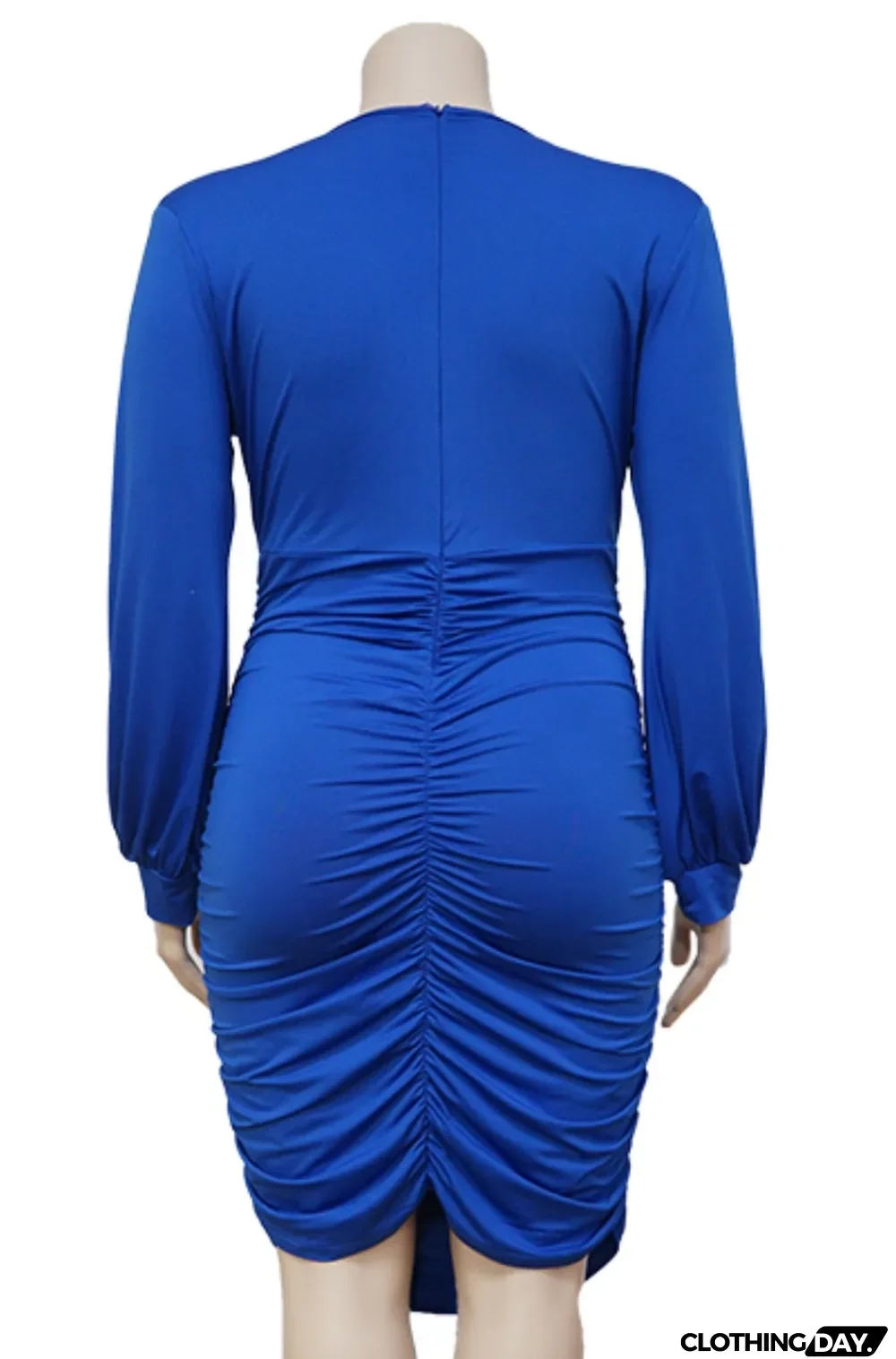 Autumn Plus Size Formal Blue Long Sleeve Ruched Bodycon Dress