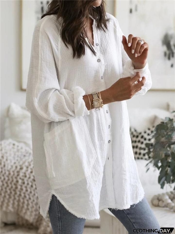 Baggy V Neck Solid Color Button Up Long Sleeve Midi Length Blouse