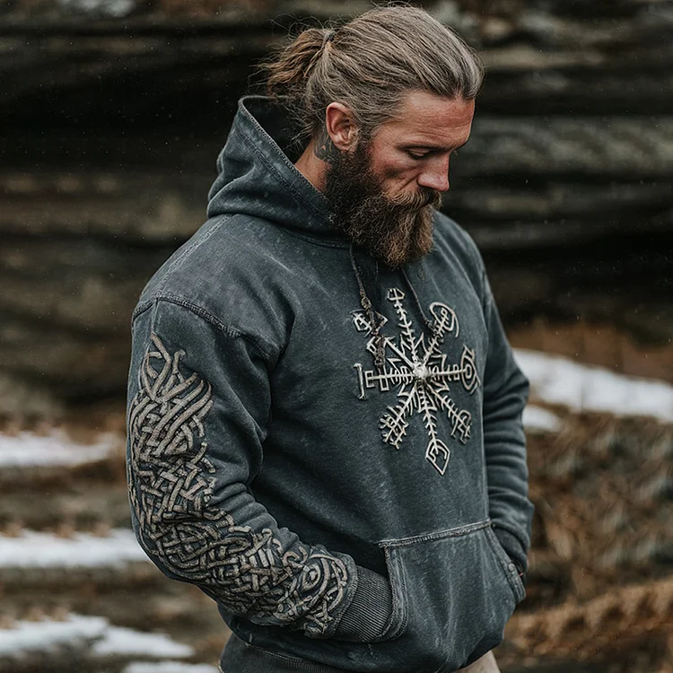 Men's Vegvisir Viking Runes Embroidery Graphics Washed Hoodies