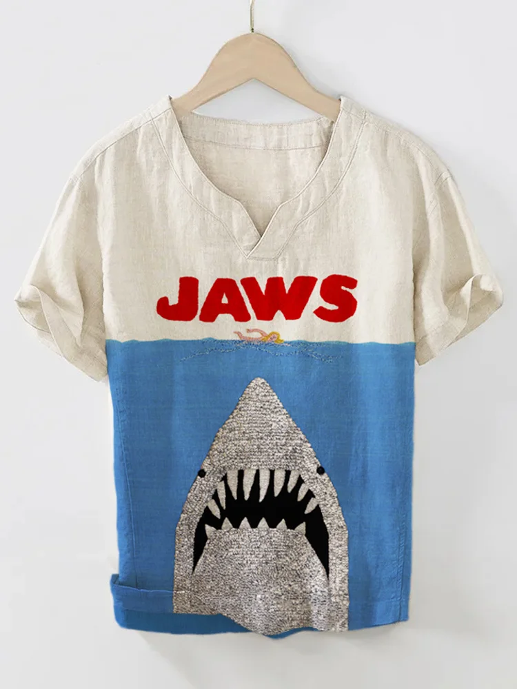 Comstylish Ocean Killer Shark Jaws Print Cozy Linen Shirt