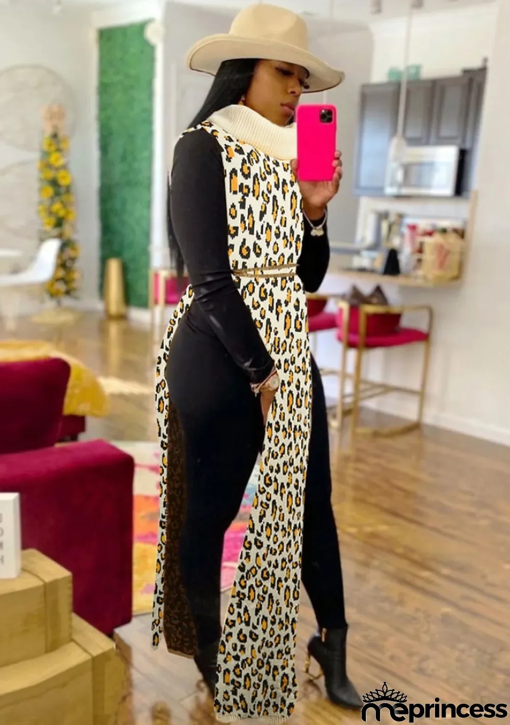 Winter Leopard Print Turndown Collar Side Slit Long Sweater Top