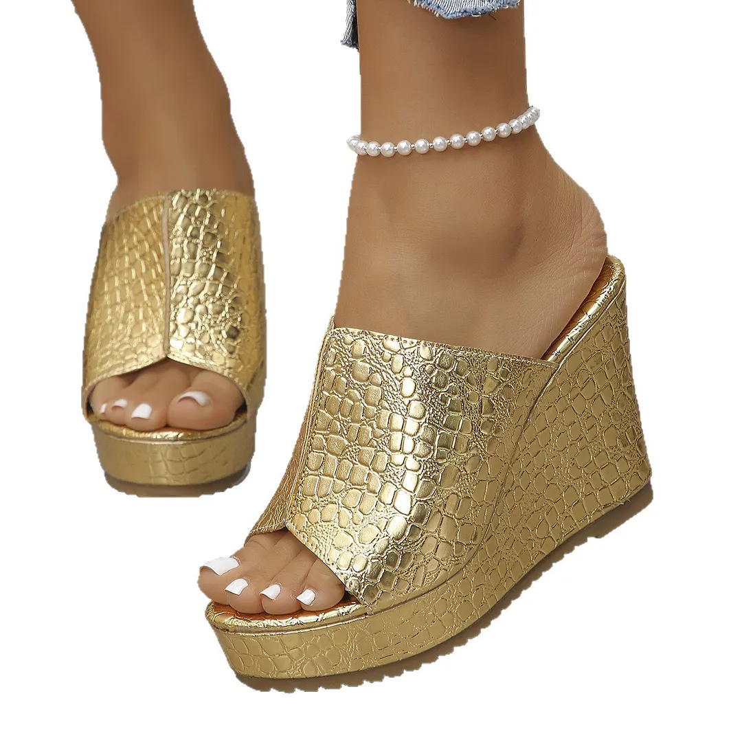 Breakj Breakj Summer New Golden Fish Mouth Toe-Word Fashion Large-Size Slope And Cold Slippers