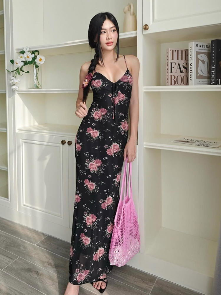 Dulzura Floral Printed Midi Dress Sexy Backless Spaghetti Strap Sleeveless Women Dresses Casual Party Summer Beach Vacation Y2K
