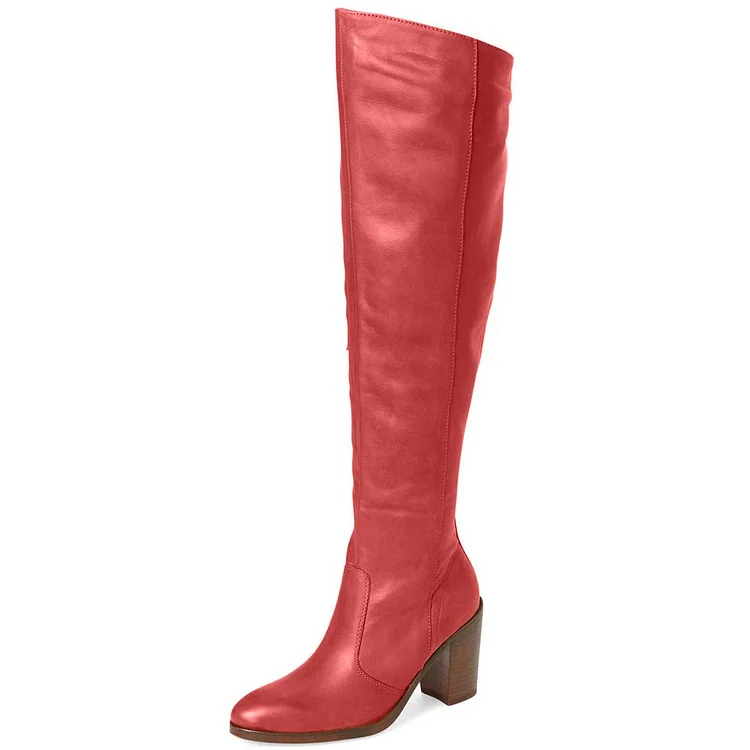 Red Knee Boots Round Toe Fashion Chunky Heel Boots by FSJ |FSJ Shoes