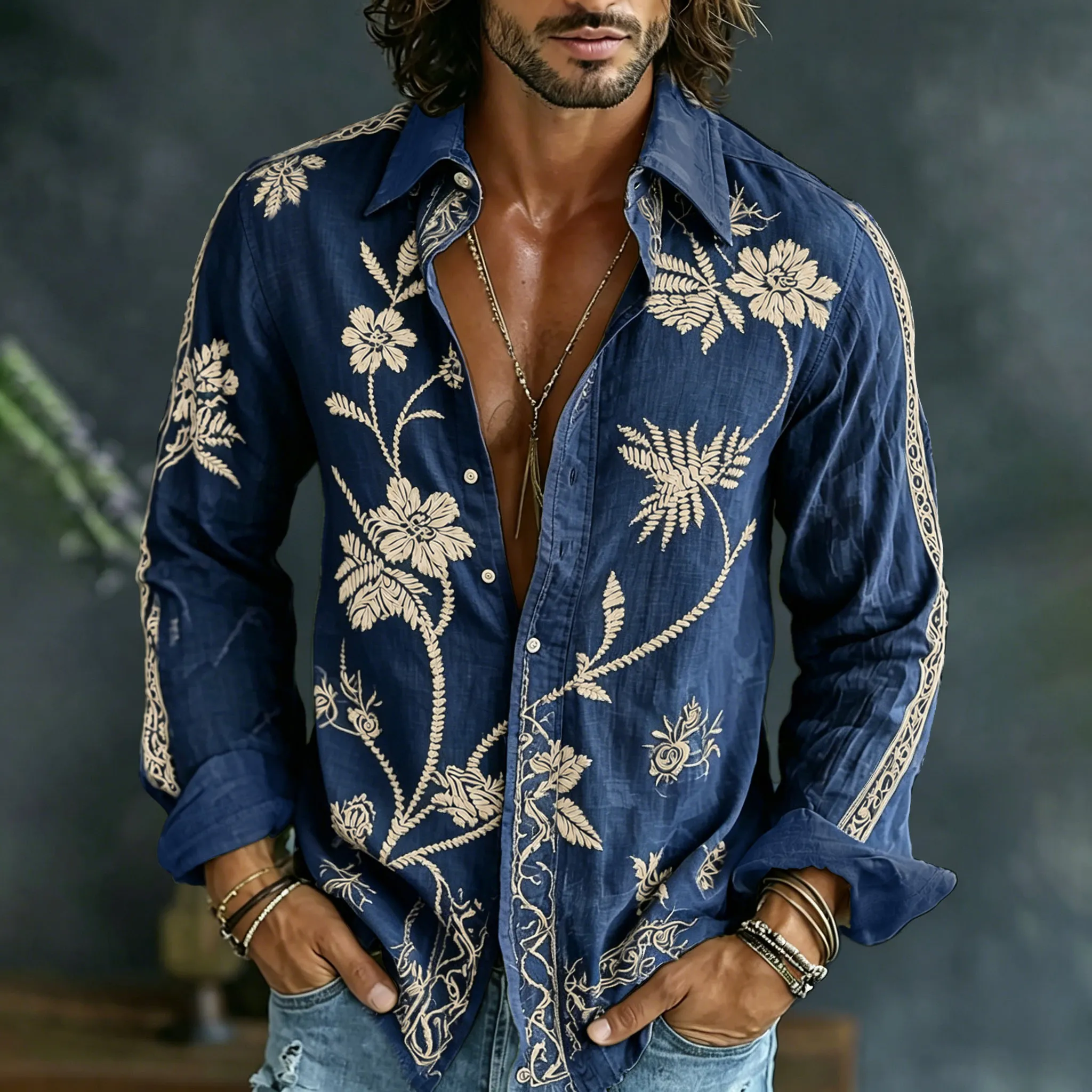 Men's Spring Floral Art Print Flowy Linen Blend Casual Shirt artswardrobe