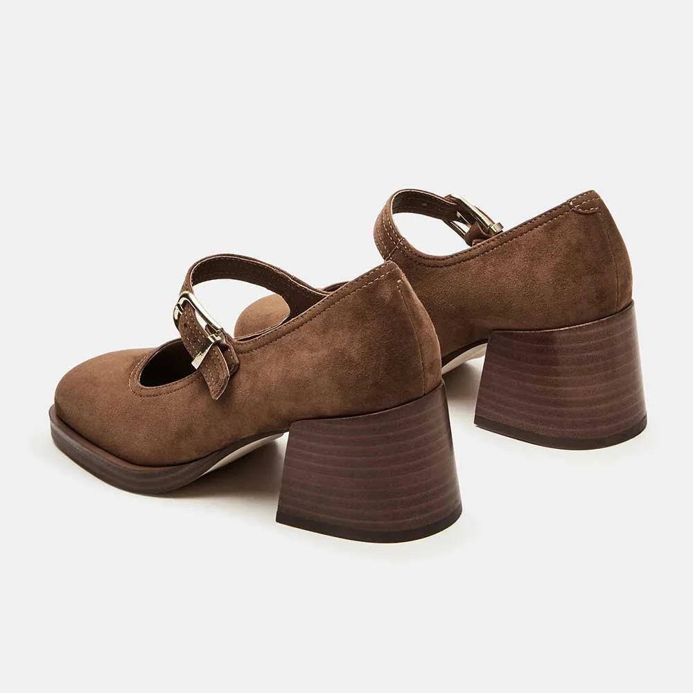 Brown Vegan Suede Square Toe Block Heel Buckle Women Mary Jane Shoes