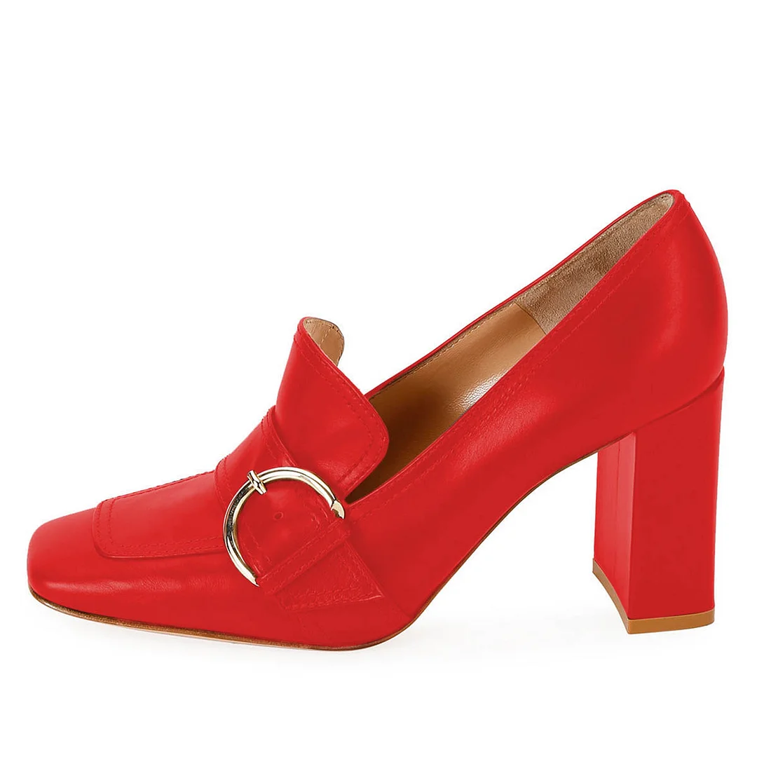 Red Vegan Leather Chunky Heel Buckle Strap Square Toe Women's Loafers