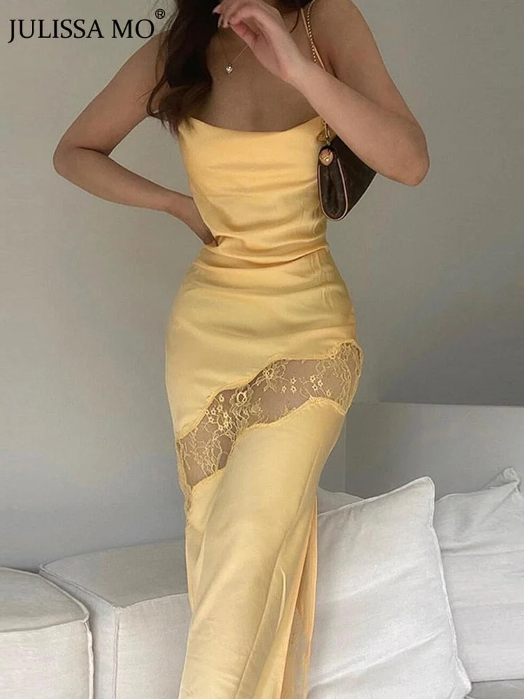 JULISSA MO 2022 New Lace Satin Spaghetti Strap Sexy Party Midi Dress Backless Women Draw String Hollow Out Dress Black Elegant 531-1