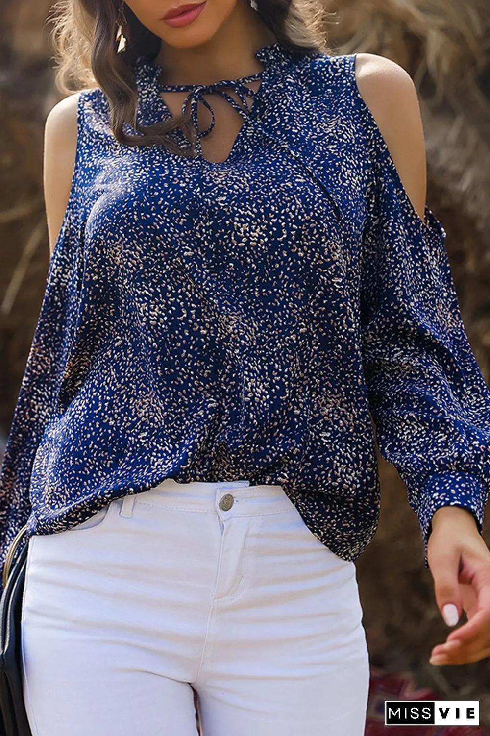 Fashion Elegant Print Hollowed Out Frenulum V Neck Tops