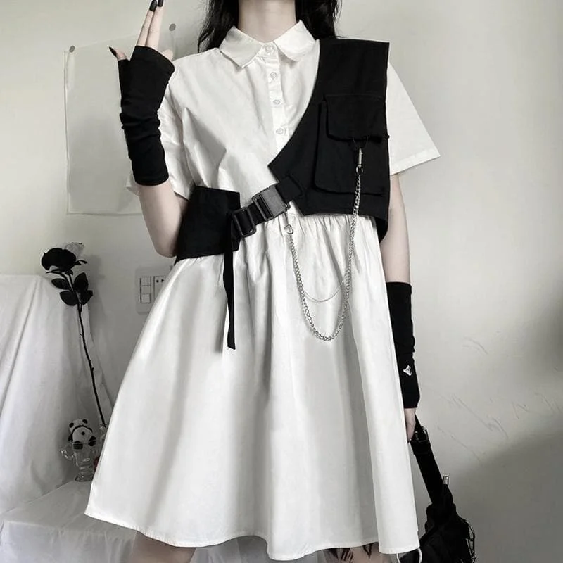 Dark Gothic Short Sleeve Blouse Dress + Work Clothes Vest Two Piece Set SP15237