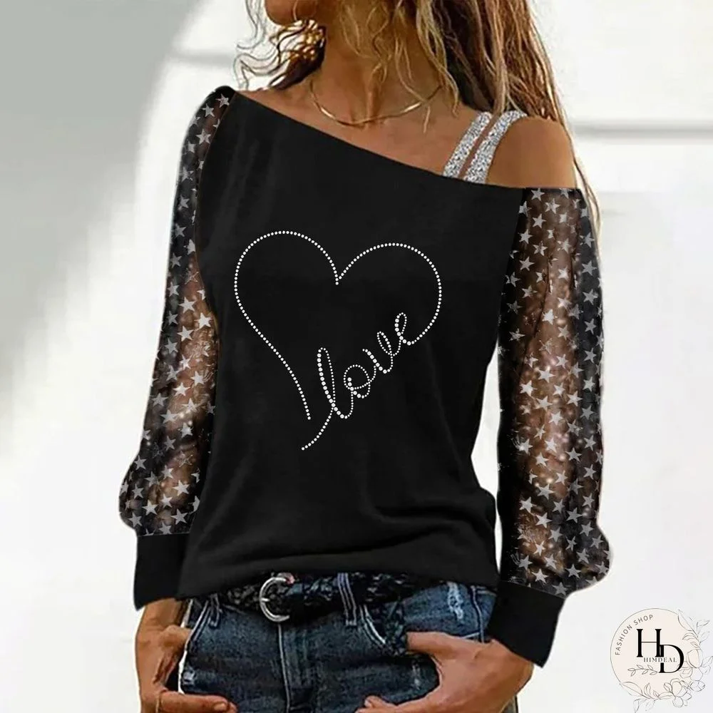 Starry Sleeve Rhinestone Black Top