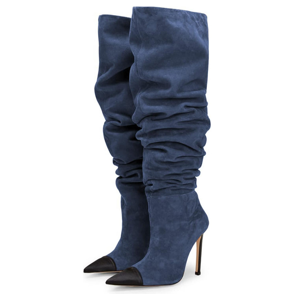 Women's Faux Suede Pointed Toe High Heel Knee-High Boots in Blue