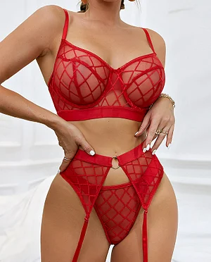 Sexy Erotic Lingerie Set: Plaid Briefs and Rhomboid Lace Bra with Matching Panty-A gift for yourself