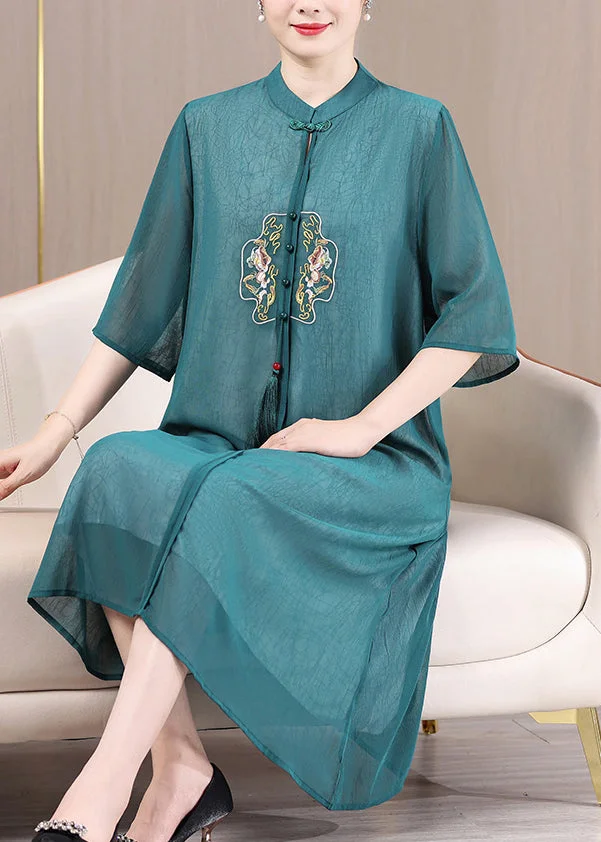 Green Button Tasseled Patchwork Dress Embroideried Half Sleeve