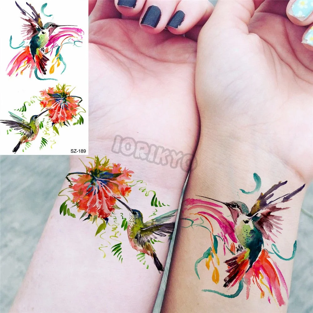 Colorful Dinosaur Temporary Tattoos For Kids Girls Rose Flower Lavender Hummingbird Fake Tattoo Sticker Forearm Neck Tatoos Show
