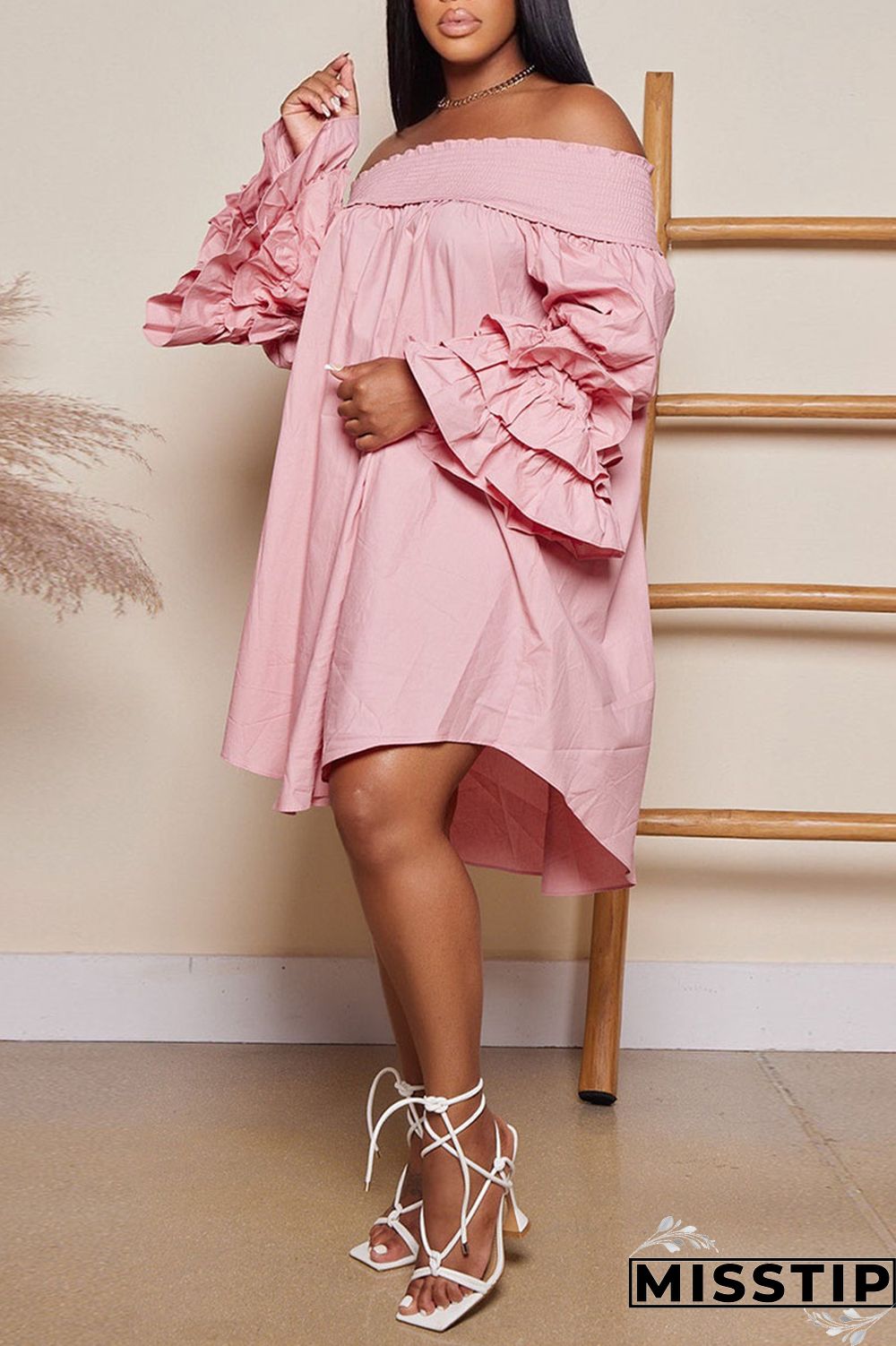 Fuchsia Casual Solid Patchwork Fold Off the Shoulder Princess Dresses