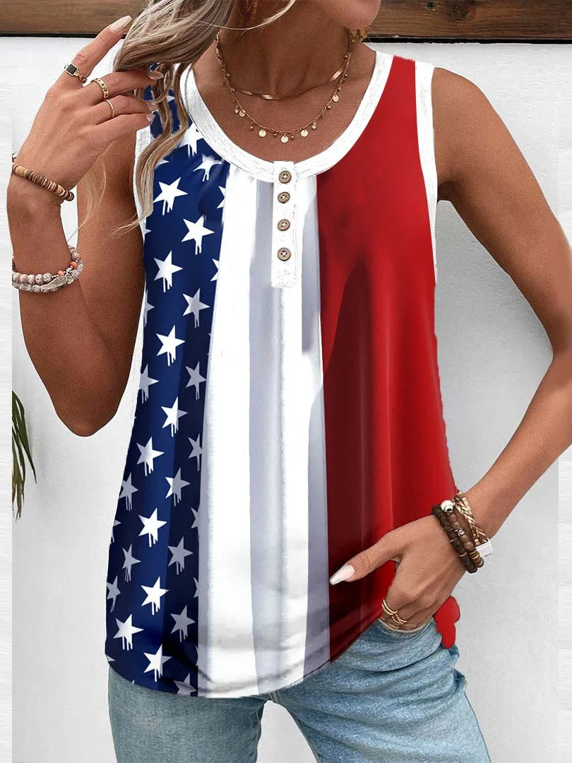 Women Sleeveless Scoop Neck Striped Star Printed Graphic Button Tops
