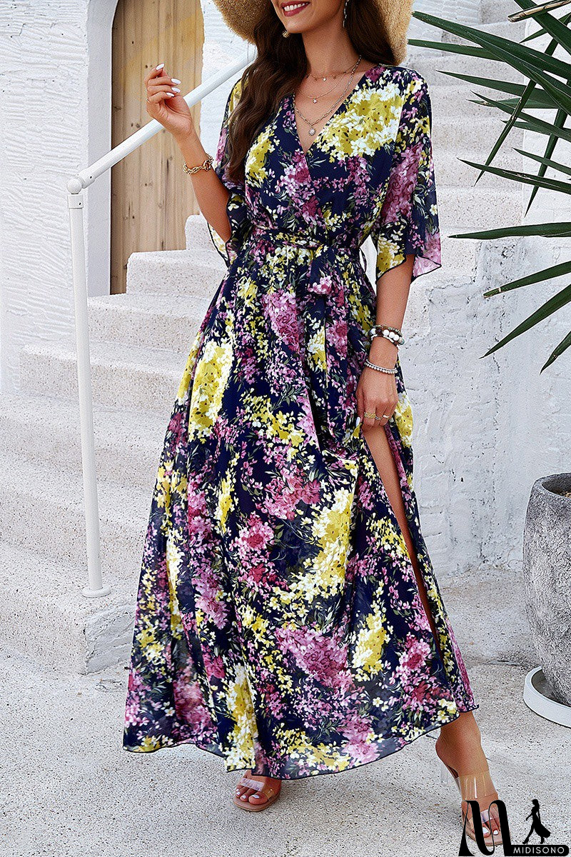 MidiSono - Floral Cross V Neck Belt Side Open Fit Dress