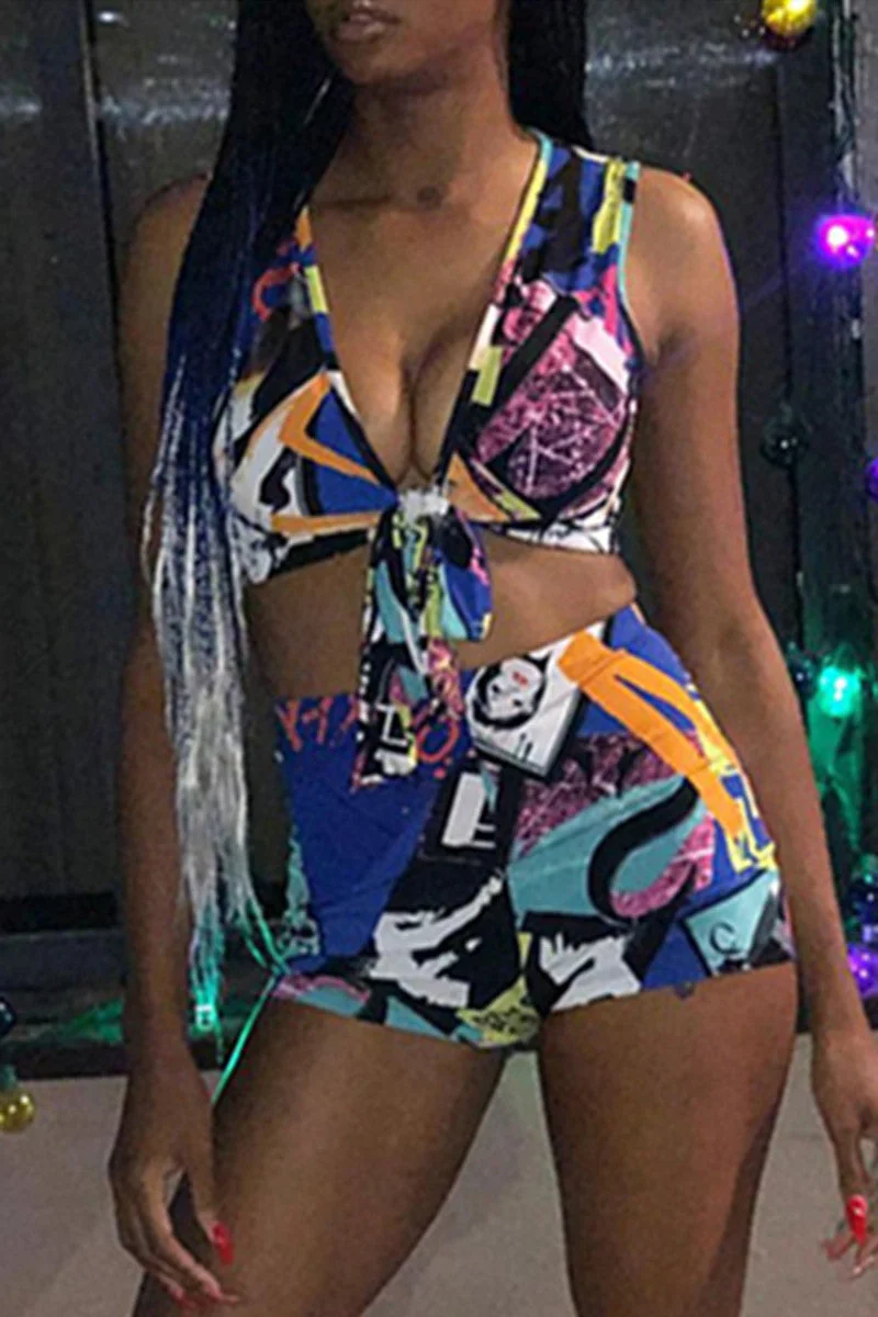 Sexy Casual Print Vests V Neck Sleeveless Two Pieces
