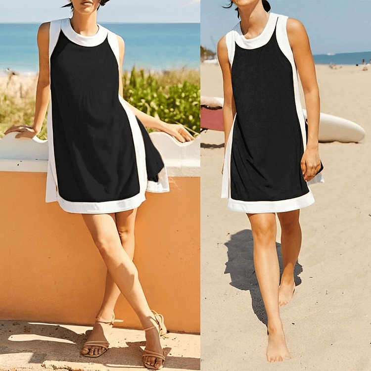 Women's Casual Color Block Sleeveless Tops Matching Shorts with Pockets 