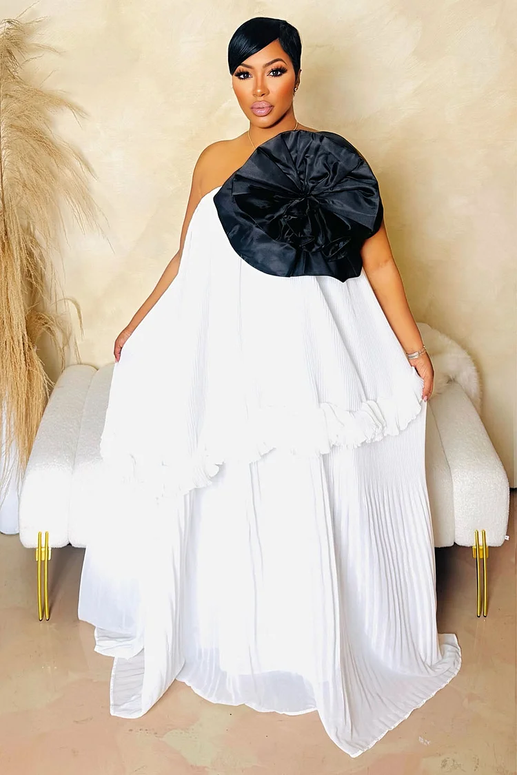 3D Flower Ruffle Pleated Layered Vacay Maxi Tube Dresses-White [Pre Order]