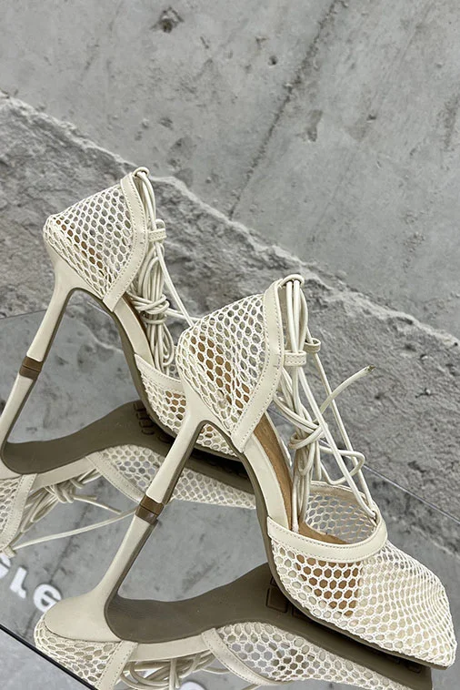 Mesh Lace Up Square Toe Heel Sandals