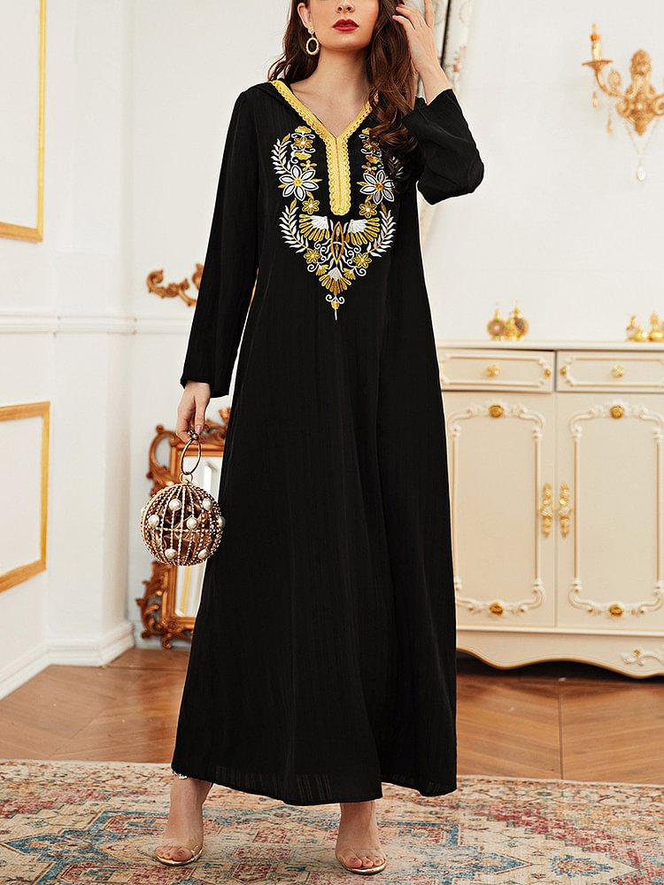 Black v neck embroidery dress with hood
