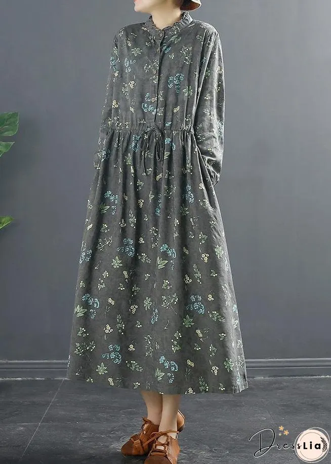 Vivid Drawstring Spring Long Design Gray Print Dresses