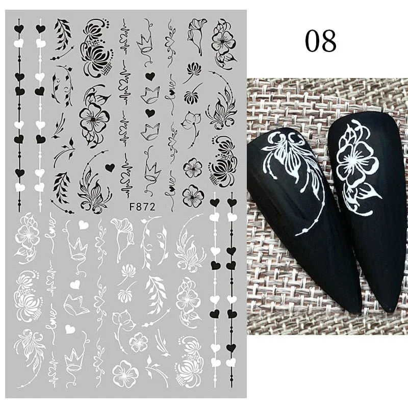 1Pc Black White French 3D Nail Sticker Hollow Painting Nail Trasnfer Sliders Manicure Butterfly Star Heart Pattern Nail Decor-Nail Inspo