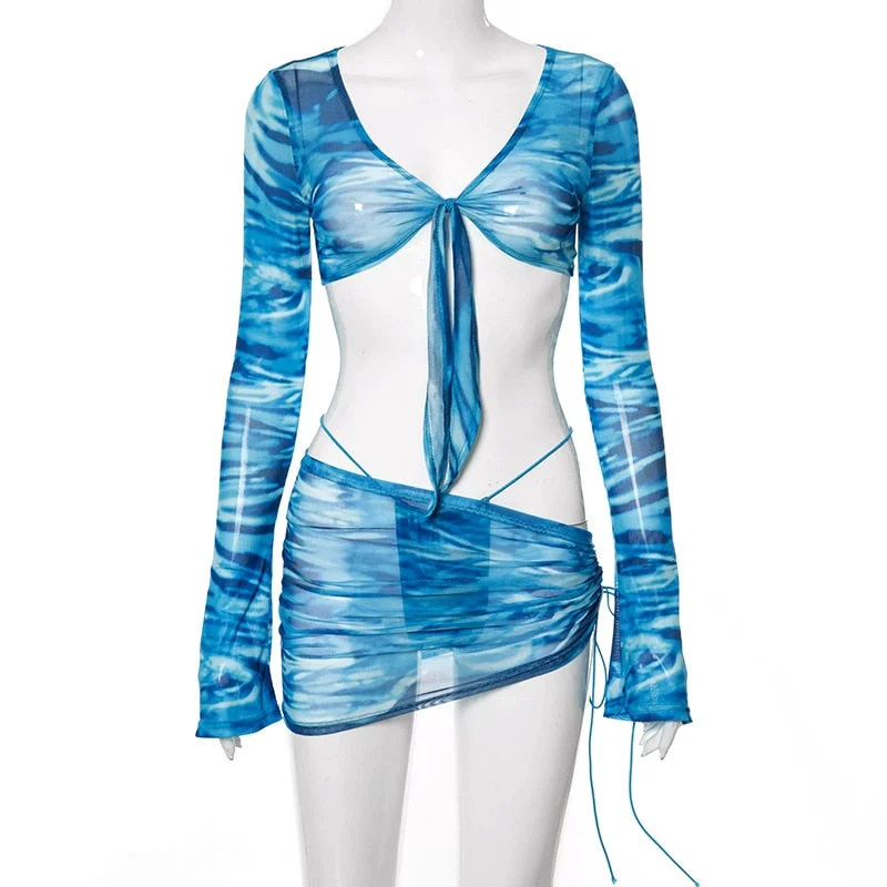 Peachtan Long sleeves bikini set Print swimwear female 2021 Skirts 3 pieces swimsuit women's swimming suit Print bathing suit