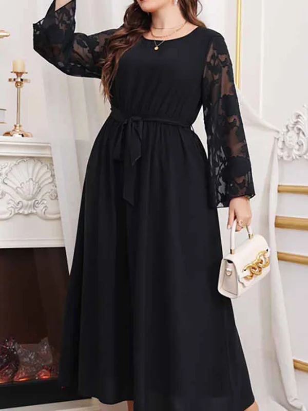 Flower Print See-Through Solid Color Tied Waist High Waisted Long Sleeves Round-Neck Maxi Dresses