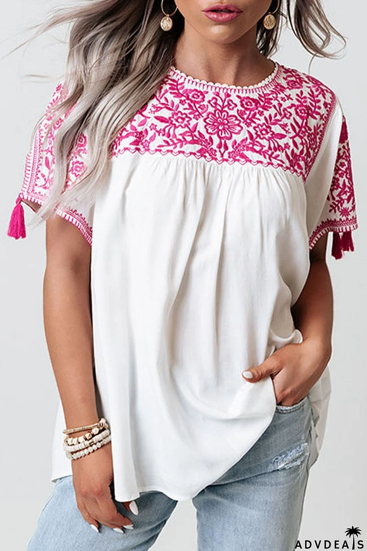 Embroidered Floral Short Sleeves Shift Top